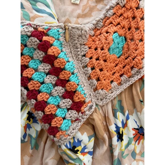 Easel Vintage-Inspired Floral Dress With Crochet Bodice Sleeveless Boho Maxi Bei - Picture 8 of 12